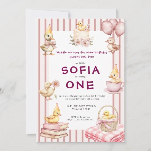 Cute Duckling First Birthday Invitation 招待状 (正面)