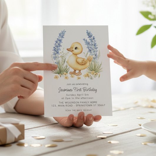 Cute Duckling Garden First Birthday QR Code  招待状