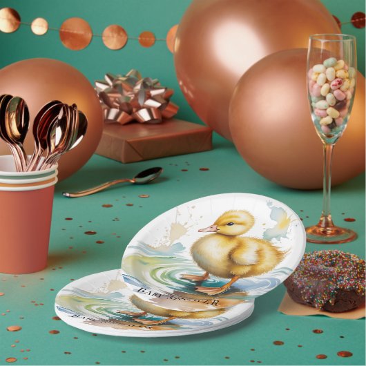 Cute Duckling Gender Neutral Baby Shower ペーパープレート (複数)