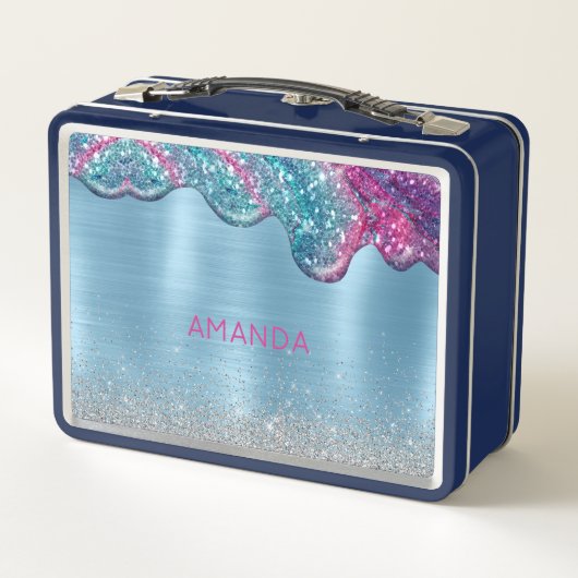 Cute dusty blue pink drips personalized メタルランチボックス (裏面)