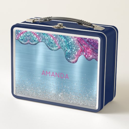 Cute dusty blue pink drips personalized メタルランチボックス (正面)