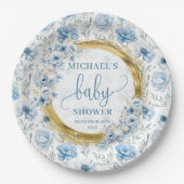 Cute dusty blue watercolor flower gold baby shower ペーパープレート (正面)