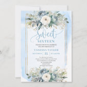 Cute Dusty Blue White Peonies Sweet 16 Invitation 招待状 (正面)