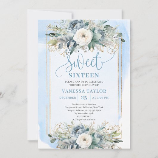 Cute Dusty Blue White Peonies Sweet 16 Invitation 招待状 (正面)