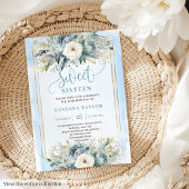 Cute Dusty Blue White Peonies Sweet 16 Invitation 招待状