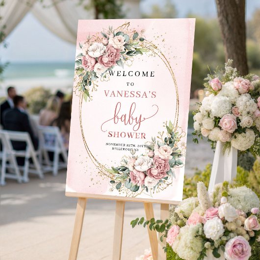 Cute Dusty Pink Floral Baby Shower Welcome Sign ポスター