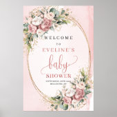 Cute Dusty Pink Floral Baby Shower Welcome Sign ポスター (正面)