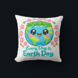 Cute Earth Day Throw Pillow クッション<br><div class="desc">Add a cheerful eco-friendly touch to your home with this cute Earth Day throw pillow featuring a happy kawaii Earth with big smiling eyes, a green leaf crown, and pink flowers, along with the uplifting message “Every Day is Earth Day.” This bright and playful cushion is perfect for sofas, beds,...</div>