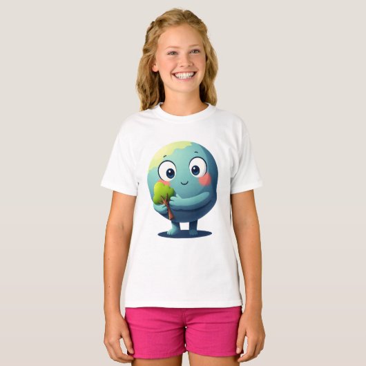 Cute Earth Hugging Tree Eco Love Cartoon Tshirt Tシャツ (正面フル)
