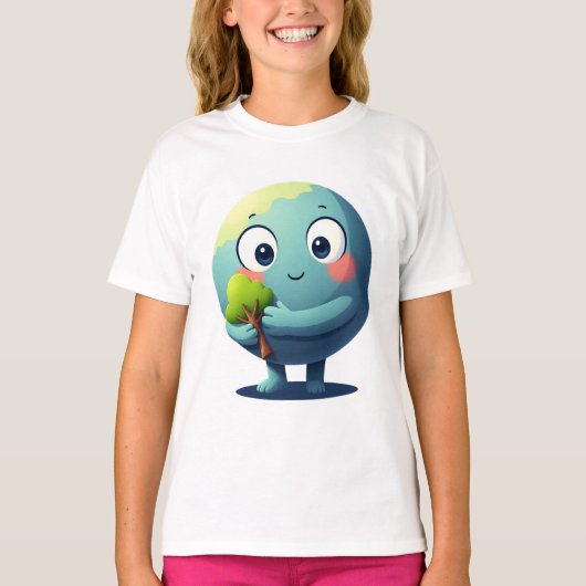 Cute Earth Hugging Tree Eco Love Cartoon Tshirt Tシャツ (正面)