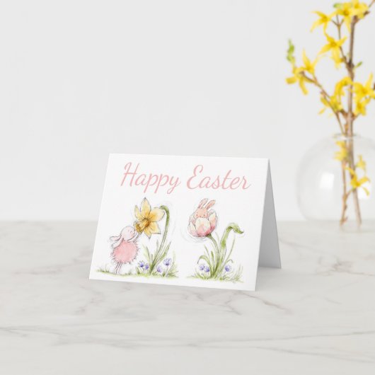 Cute Easter Bunnies and Daffodil Art カード (黄色い花)