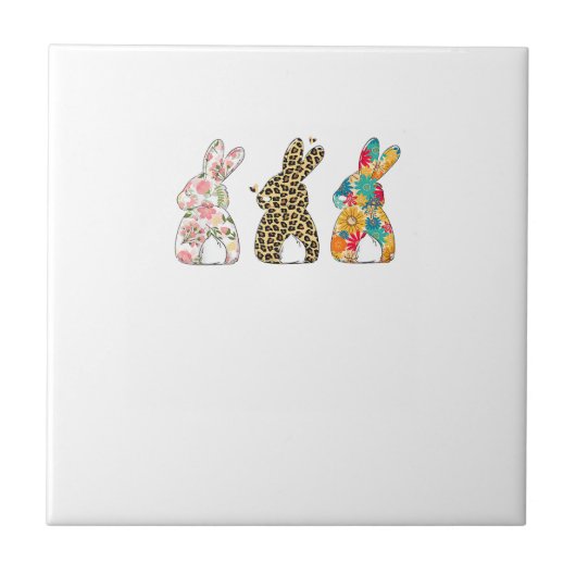 Cute Easter Bunnies Leopard Bunny and Flower Bunni タイル (正面)