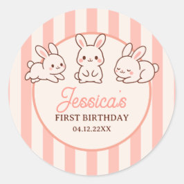 Cute Easter Bunnies Pink Girl 1st Birthday Party ラウンドシール