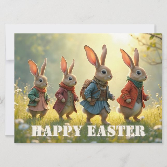 Cute Easter Bunnies Walking in Spring Meadow (正面)