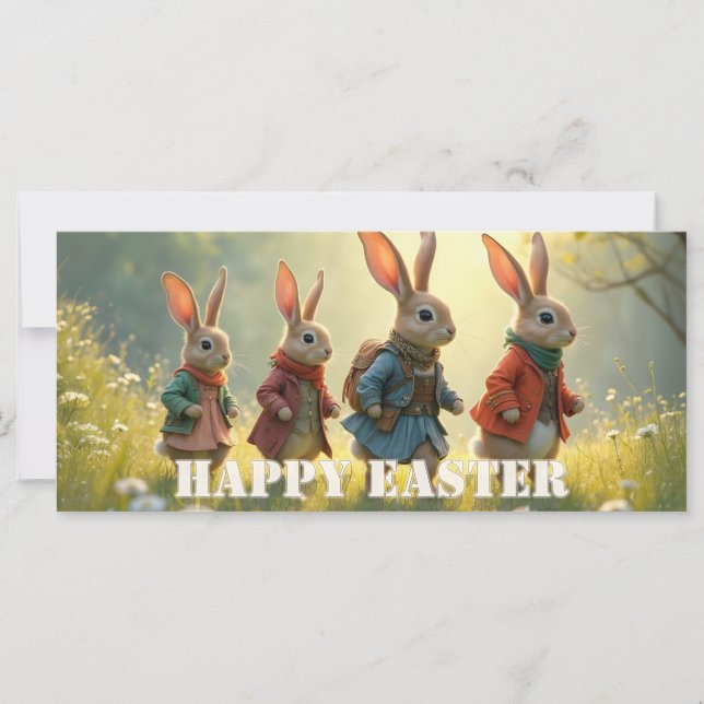 Cute Easter Bunnies Walking in Spring Meadow (正面)