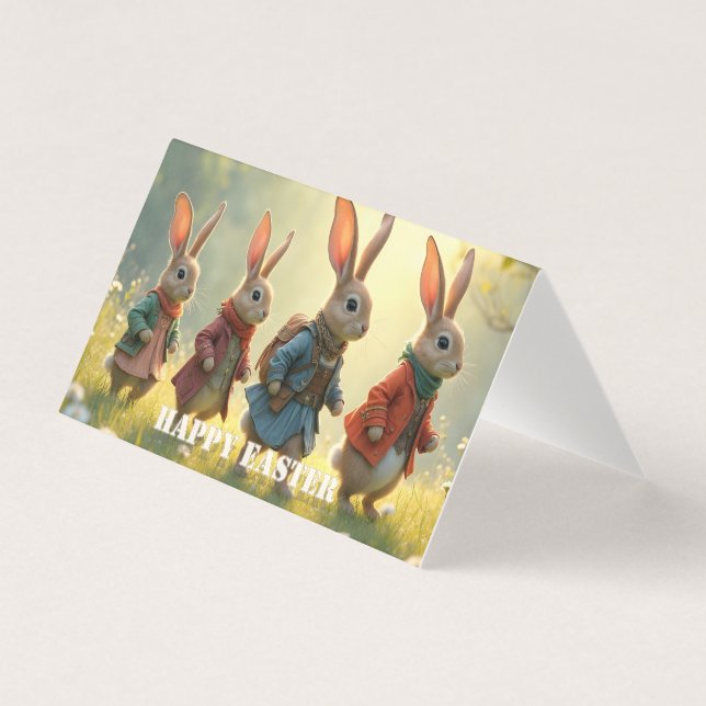 Cute Easter Bunnies Walking in Spring Meadow (正面)