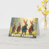 Cute Easter Bunnies Walking in Spring Meadow カード (黄色い花)