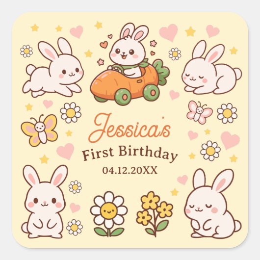 Cute Easter Bunnies Whimsical 1st Birthday Party スクエアシール (正面)