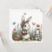 Cute Easter Bunnies with Eggs Whimsical Spring  カード (正面/裏面インサイチュ)