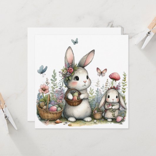 Cute Easter Bunnies with Eggs Whimsical Spring  カード (正面/裏面インサイチュ)
