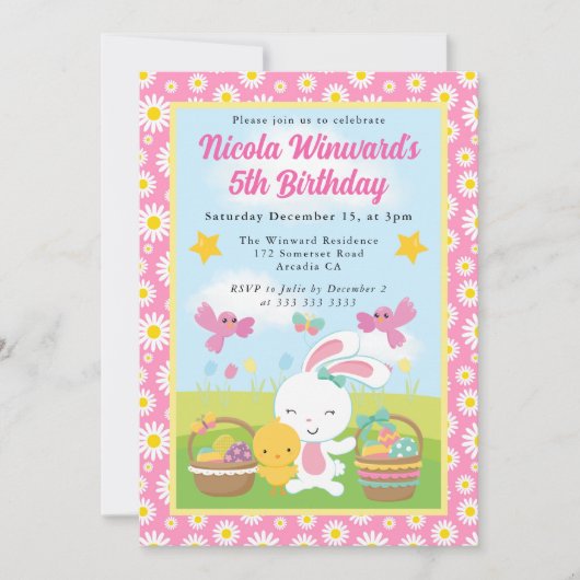 Cute Easter Bunny and Chick Spring Kids Birthday  招待状 (正面)