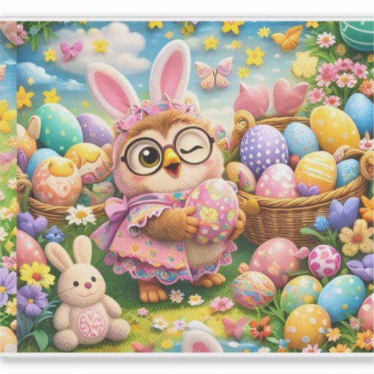 Cute Easter bunny and colourful eggs whimsical シール (正面)