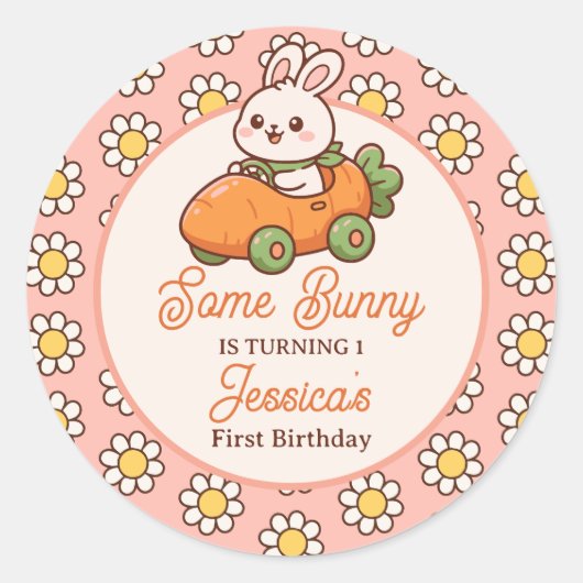 Cute Easter Bunny Baby Girl 1st Birthday Party ラウンドシール (正面)
