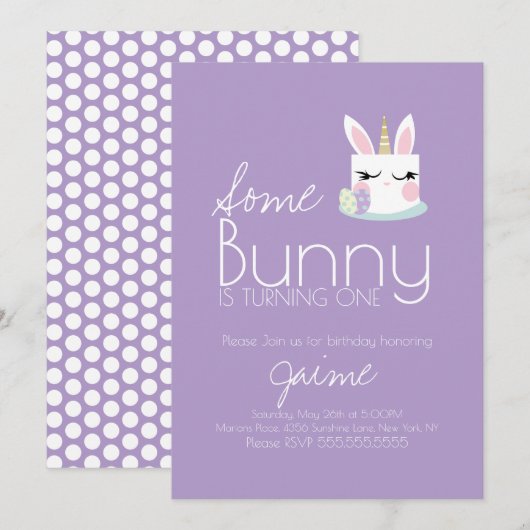 Cute Easter Bunny Cake Turning One Birthday 招待状 (正面/裏面)