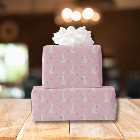 Cute Easter bunny & carrot pattern on pastel pink ラッピングペーパー