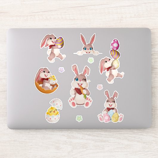 Cute Easter Bunny, Chick, Eggs & Floral Colorful シール (コンピューター)