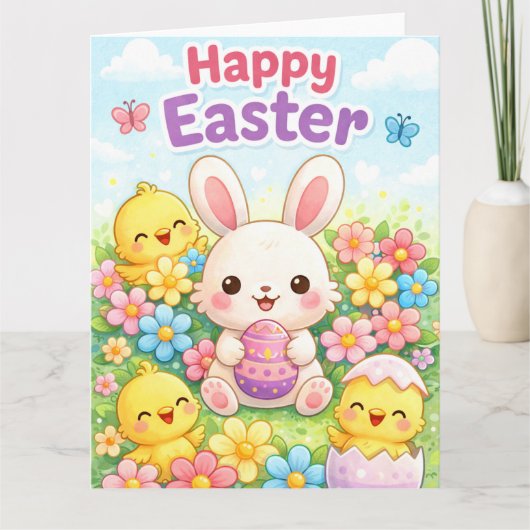Cute Easter Bunny & Chicks | Happy Easter カード (正面)