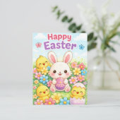 Cute Easter Bunny & Chicks | Happy Easter シーズンポストカード (スタンド正面)