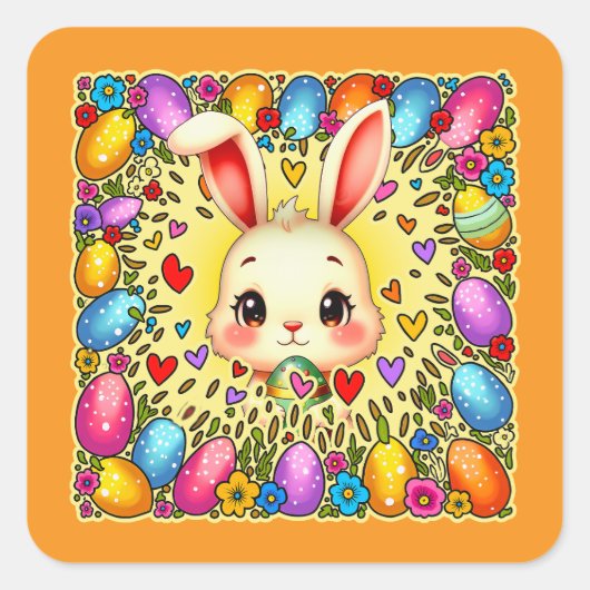 Cute Easter Bunny – Colorful Eggs Art Autocolante スクエアシール (正面)