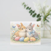 Cute Easter Bunny Couple Watercolor Postcard シーズンポストカード (スタンド正面)