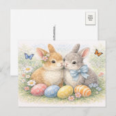 Cute Easter Bunny Couple Watercolor Postcard シーズンポストカード (正面/裏面)
