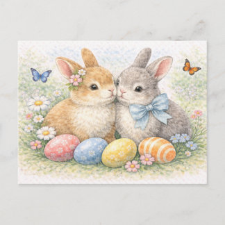 Cute Easter Bunny Couple Watercolor Postcard シーズンポストカード