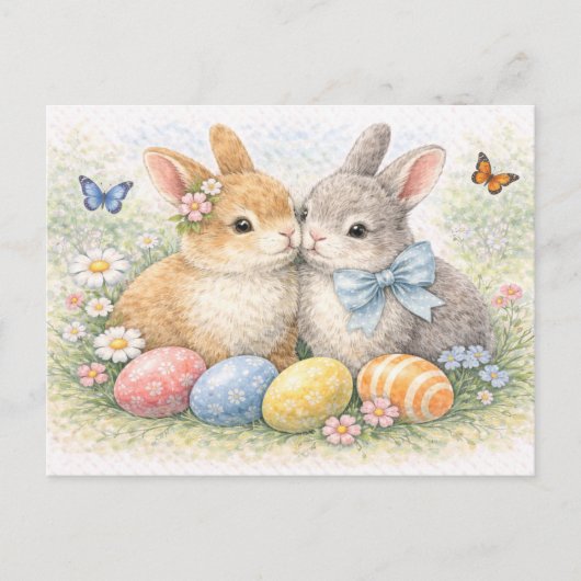 Cute Easter Bunny Couple Watercolor Postcard シーズンポストカード (正面)