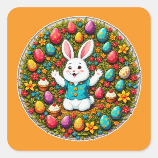 Cute Easter Bunny – Decorative Wreath Autocolante スクエアシール (正面)