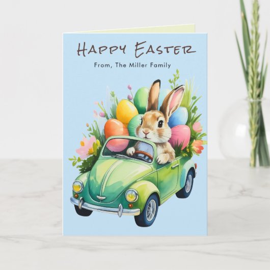 Cute Easter Bunny Driving Car Greeting Card シーズンカード (正面)