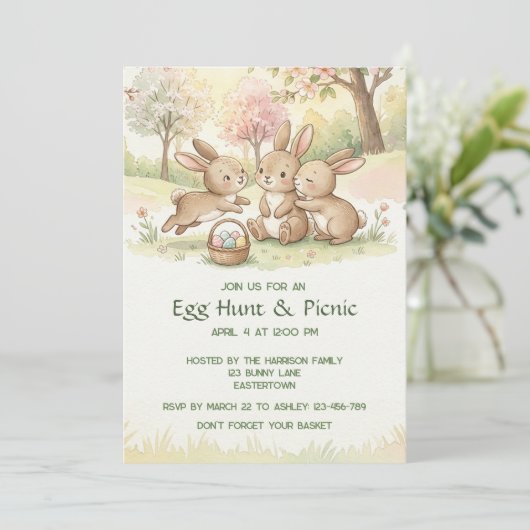 Cute Easter Bunny Egg Hunt & Picnic Party 招待状 (スタンド正面)