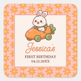Cute Easter Bunny Floral 1st Birthday Party スクエアシール