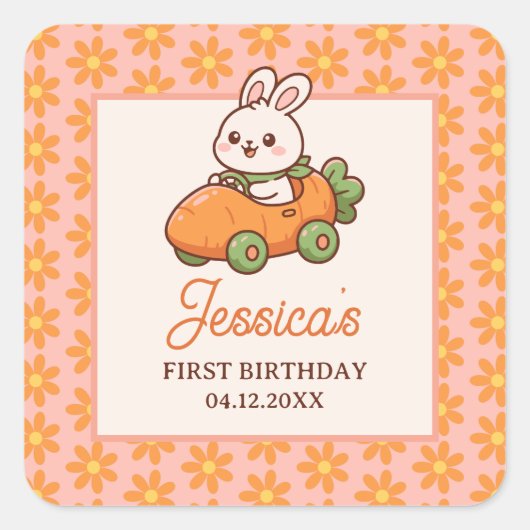 Cute Easter Bunny Floral 1st Birthday Party スクエアシール (正面)