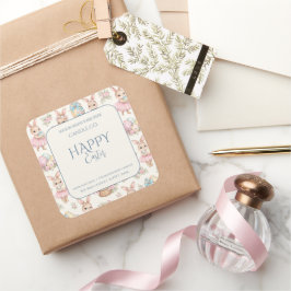 Cute Easter Bunny Floral Pattern Candle Label スクエアシール