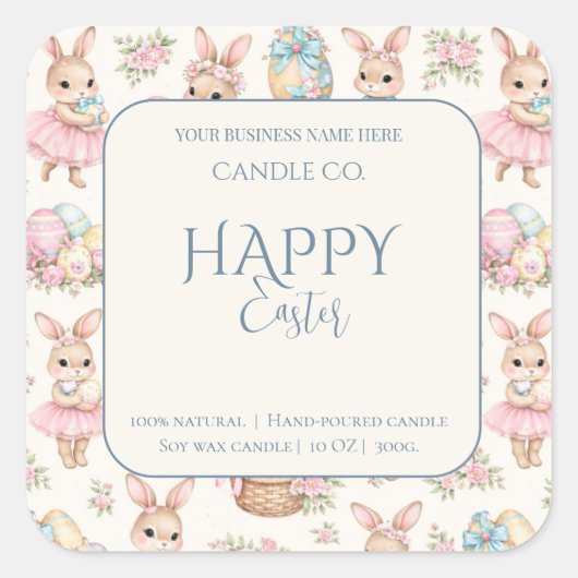 Cute Easter Bunny Floral Pattern Candle Label スクエアシール (正面)