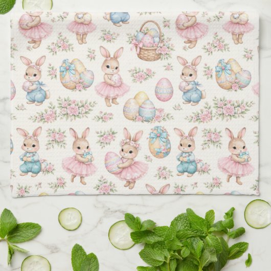 Cute Easter Bunny Floral Pattern - Pastel Spring キッチンタオル (折り畳み)