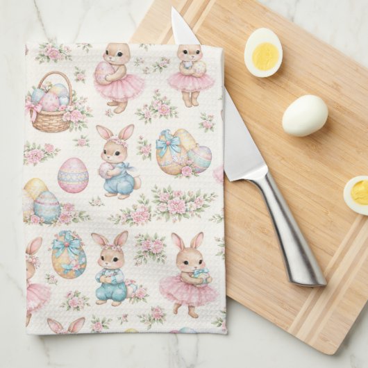 Cute Easter Bunny Floral Pattern - Pastel Spring キッチンタオル (四つ折り)