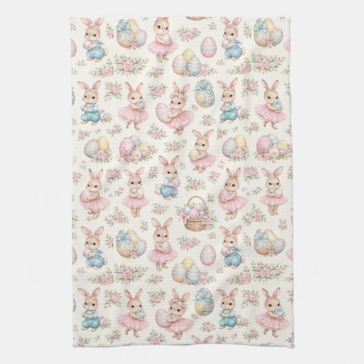 Cute Easter Bunny Floral Pattern - Pastel Spring キッチンタオル (縦)
