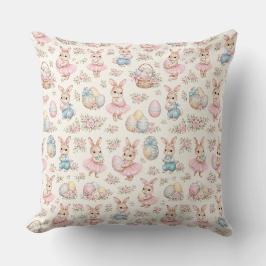 Cute Easter Bunny Floral Pattern - Pastel Spring クッション (正面)