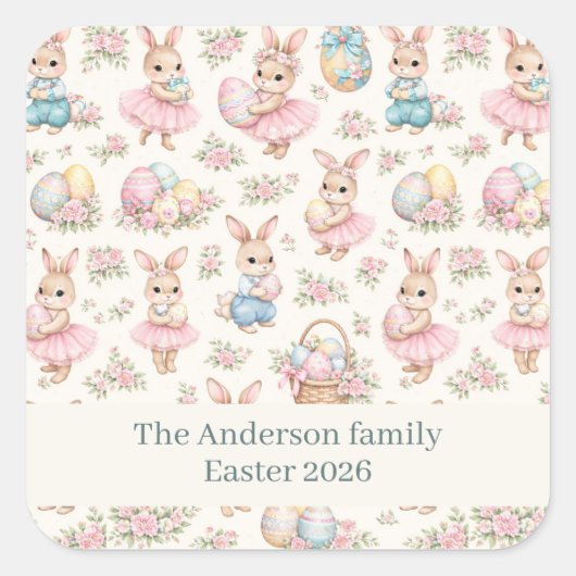Cute Easter Bunny Floral Pattern - Pastel Spring スクエアシール (正面)