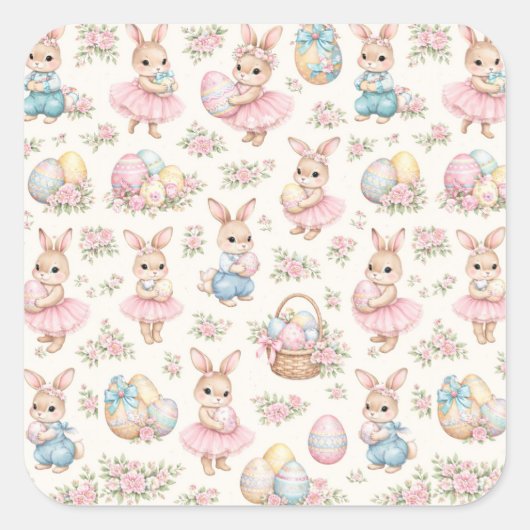 Cute Easter Bunny Floral Pattern - Pastel Spring  スクエアシール (正面)
